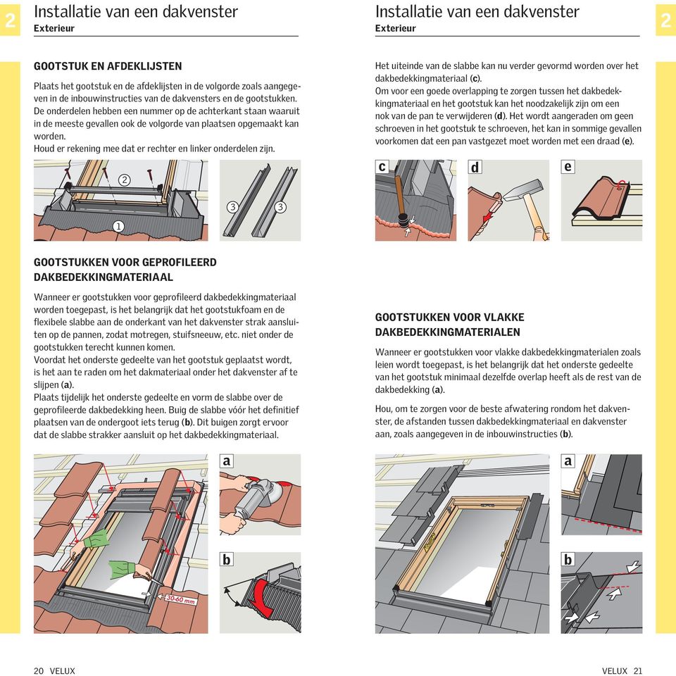 Houd er rekening mee dat er rechter en linker onderdelen zijn. 2 Het uiteinde van de slabbe kan nu verder gevormd worden over het dakbedekkingmateriaal (c).