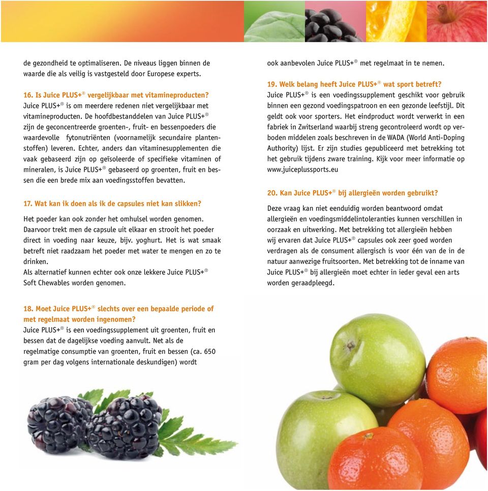 De hoofdbestanddelen van Juice PLUS+ zijn de geconcentreerde groenten-, fruit- en bessenpoeders die waardevolle fytonutriënten (voornamelijk secundaire plantenstoffen) leveren.