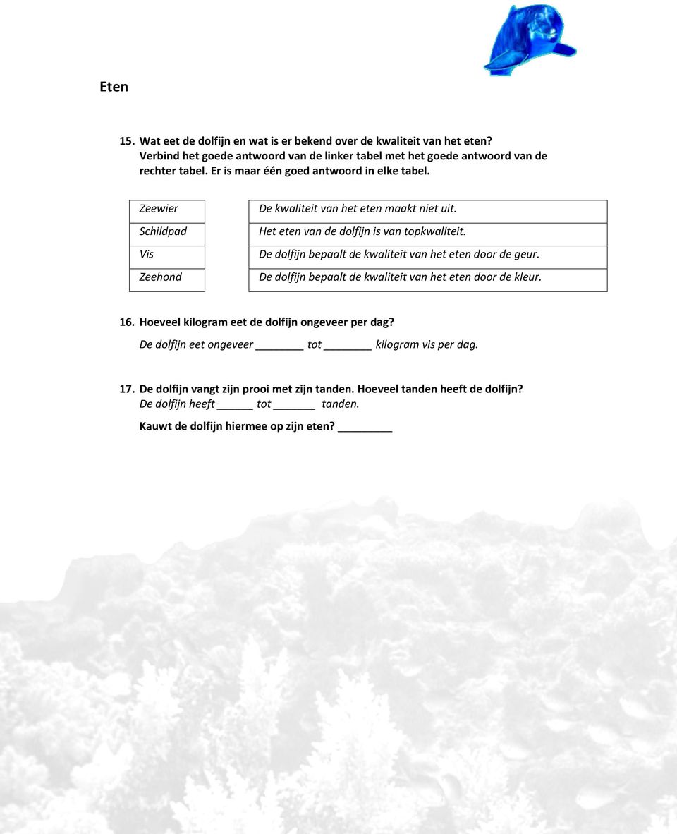 De dolfijn bepaalt de kwaliteit van het eten door de geur. De dolfijn bepaalt de kwaliteit van het eten door de kleur. 16. Hoeveel kilogram eet de dolfijn ongeveer per dag?