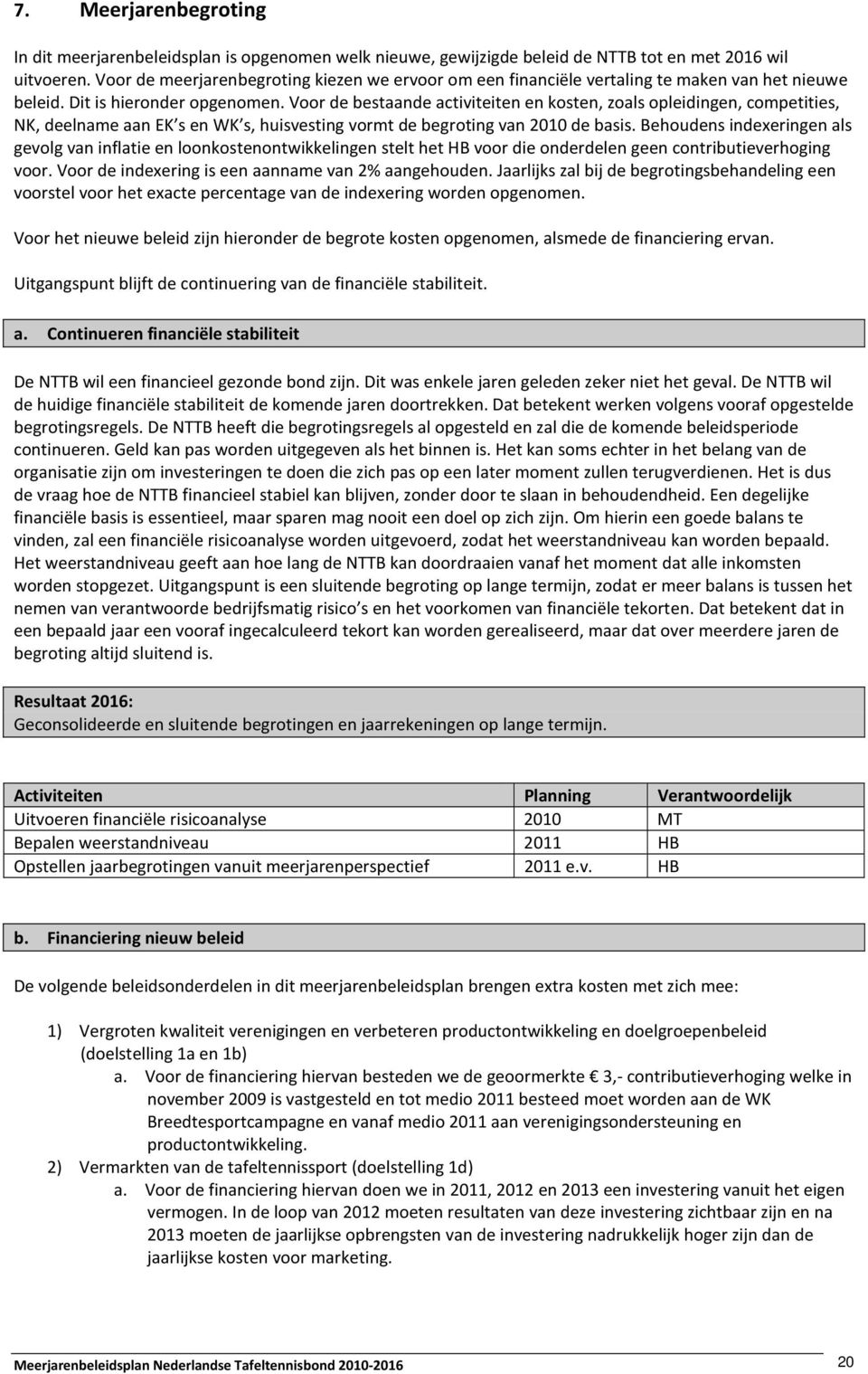 Voor de bestaande activiteiten en kosten, zoals opleidingen, competities, NK, deelname aan EK s en WK s, huisvesting vormt de begroting van 2010 de basis.