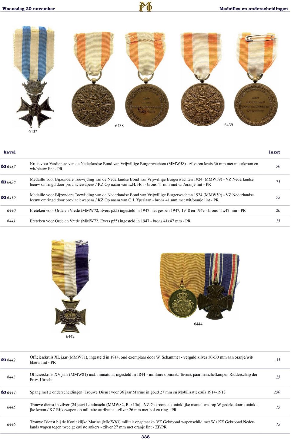 Hol - brons 41 mm met wit/oranje lint - PR Medaille voor Bijzondere Toewijding van de Nederlandse Bond van Vrijwillige Burgerwachten 1924 (MMW59) - VZ Nederlandse leeuw omringd door provinciewapens /