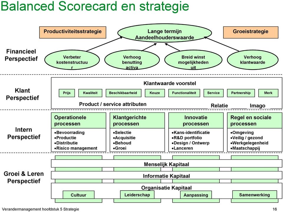 Intern Perspectief Operationele processen Bevoorrading Productie Distributie Risico management Klantgerichte processen Selectie Acquisitie Behoud Groei Innovatie processen Kans-identificatie R&D