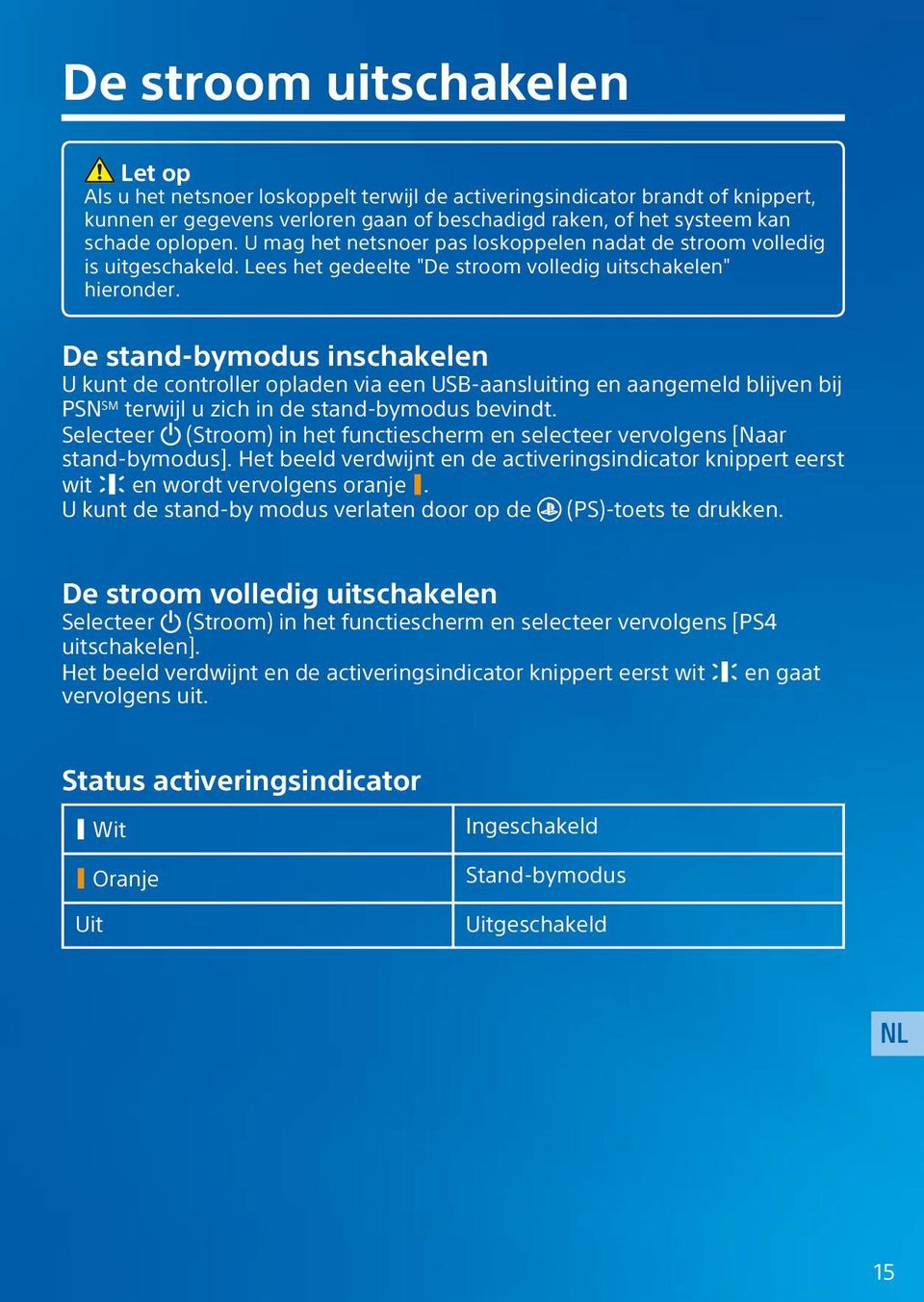 De stand-bymodus inschakelen U kunt de controller opladen via een USB-aansluiting en aangemeld blijven bij PSNSM terwijl u zich in de stand-bymodus bevindt.