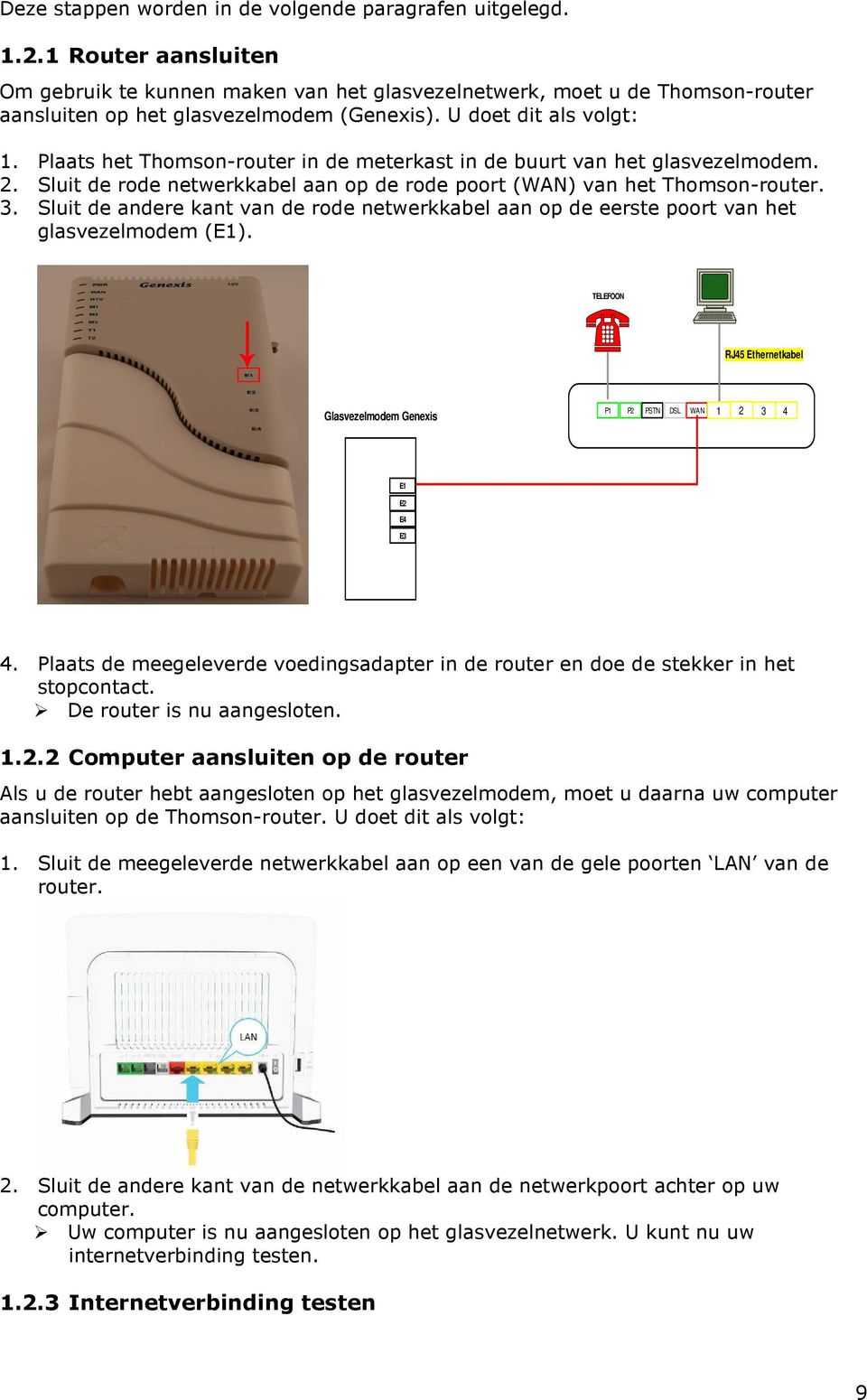 Plaats het Thomson-router in de meterkast in de buurt van het glasvezelmodem. 2. Sluit de rode netwerkkabel aan op de rode poort (WAN) van het Thomson-router. 3.