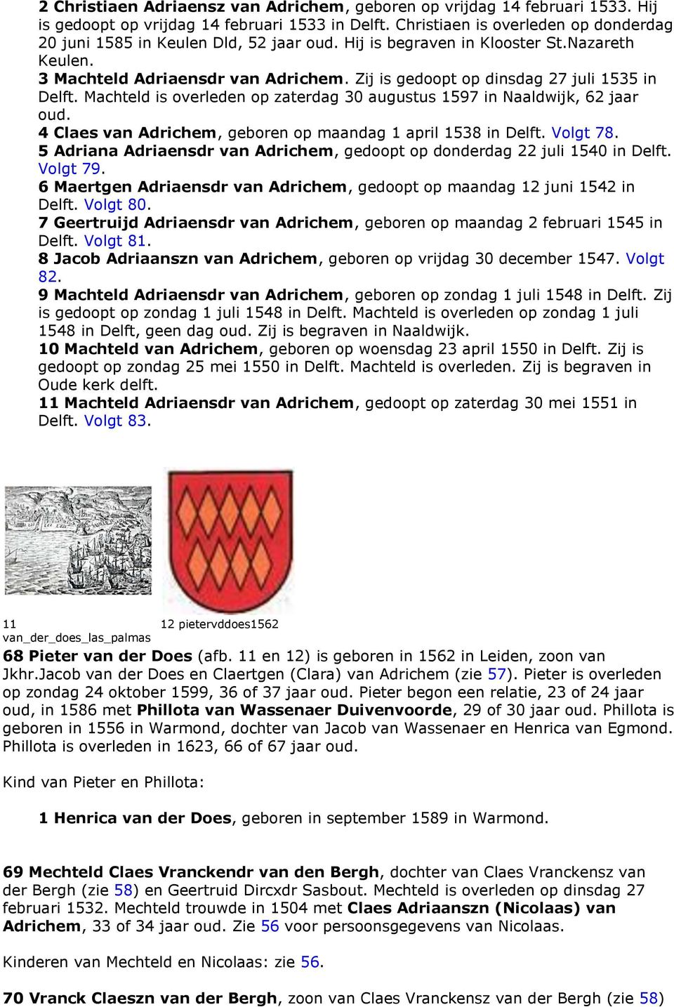 Zij is gedoopt op dinsdag 27 juli 1535 in Delft. Machteld is overleden op zaterdag 30 augustus 1597 in Naaldwijk, 62 jaar oud. 4 Claes van Adrichem, geboren op maandag 1 april 1538 in Delft. Volgt 78.