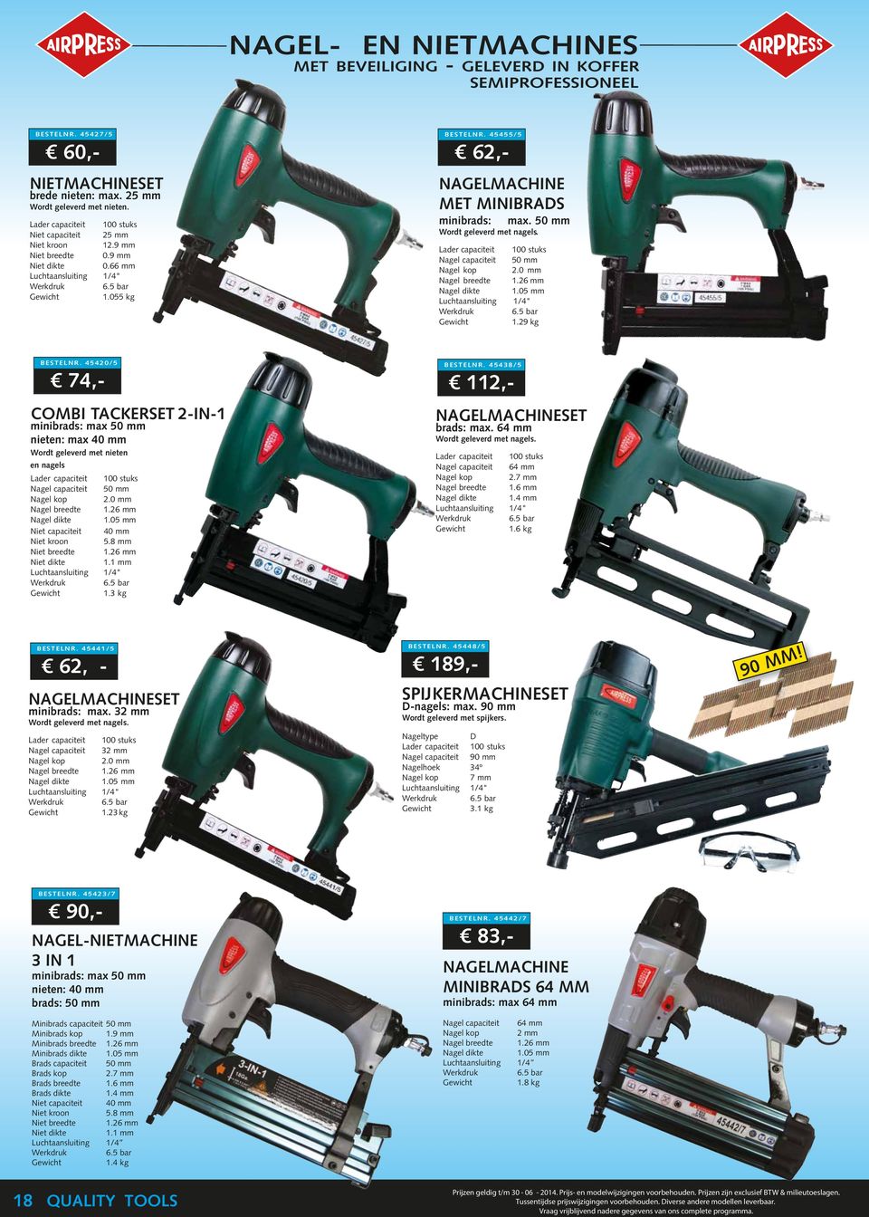 45455/5 62,- NAGELMACHINE MET MINIBRADS minibrads: Wordt geleverd met nagels. max. 50 mm Lader capaciteit 100 stuks Nagel capaciteit 50 mm Nagel kop 2.0 mm Nagel breedte 1.26 mm Nagel dikte 1.