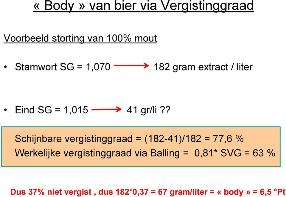 ? 66 gram extract / liter Schijnbare vergistinggraad = (182-41)/182 = 77,6 %