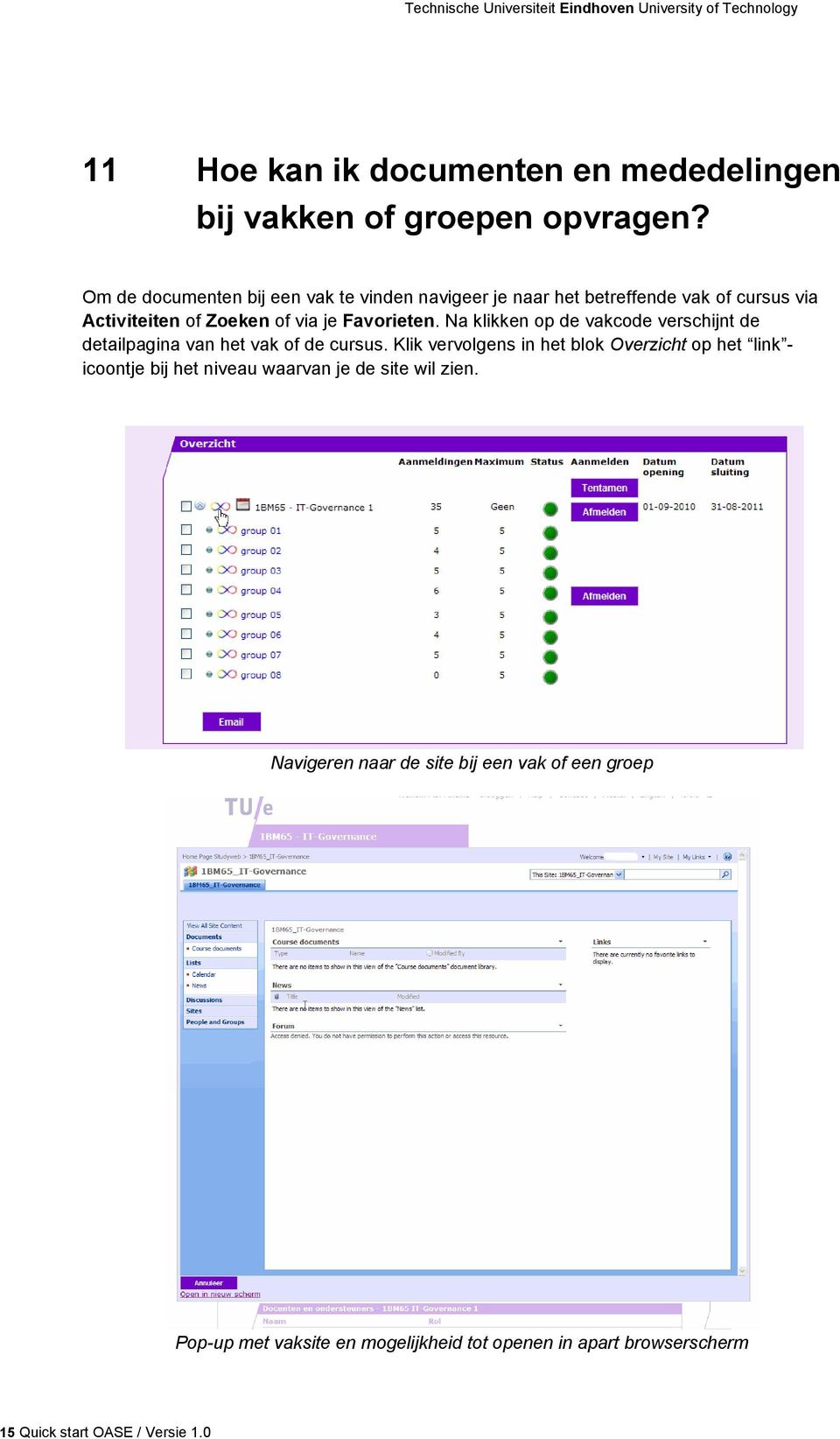 Na klikken op de vakcode verschijnt de detailpagina van het vak of de cursus.