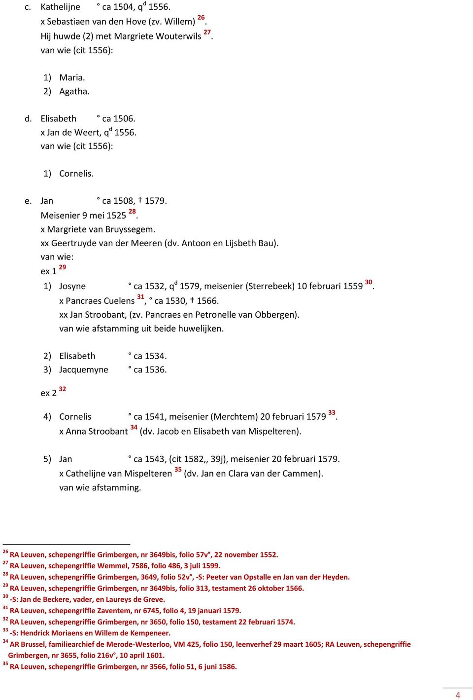 ex 1 29 1) Josyne ca 1532, q d 1579, meisenier (Sterrebeek) 10 februari 1559 30. x Pancraes Cuelens 31, ca 1530, 1566. xx Jan Stroobant, (zv. Pancraes en Petronelle van Obbergen).