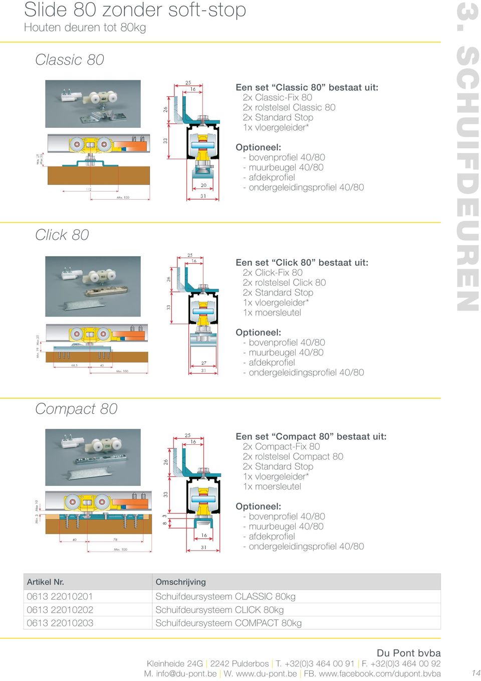 SCHUIFDEUREN Slide 80 zonder soft-stop Optioneel: - bovenprofiel 40/80 - muurbeugel 40/80 - afdekprofiel - ondergeleidingsprofiel 40/80 Compact 80 Een 2x 2x 2x 1x 1x set Compact 80 bestaat uit: