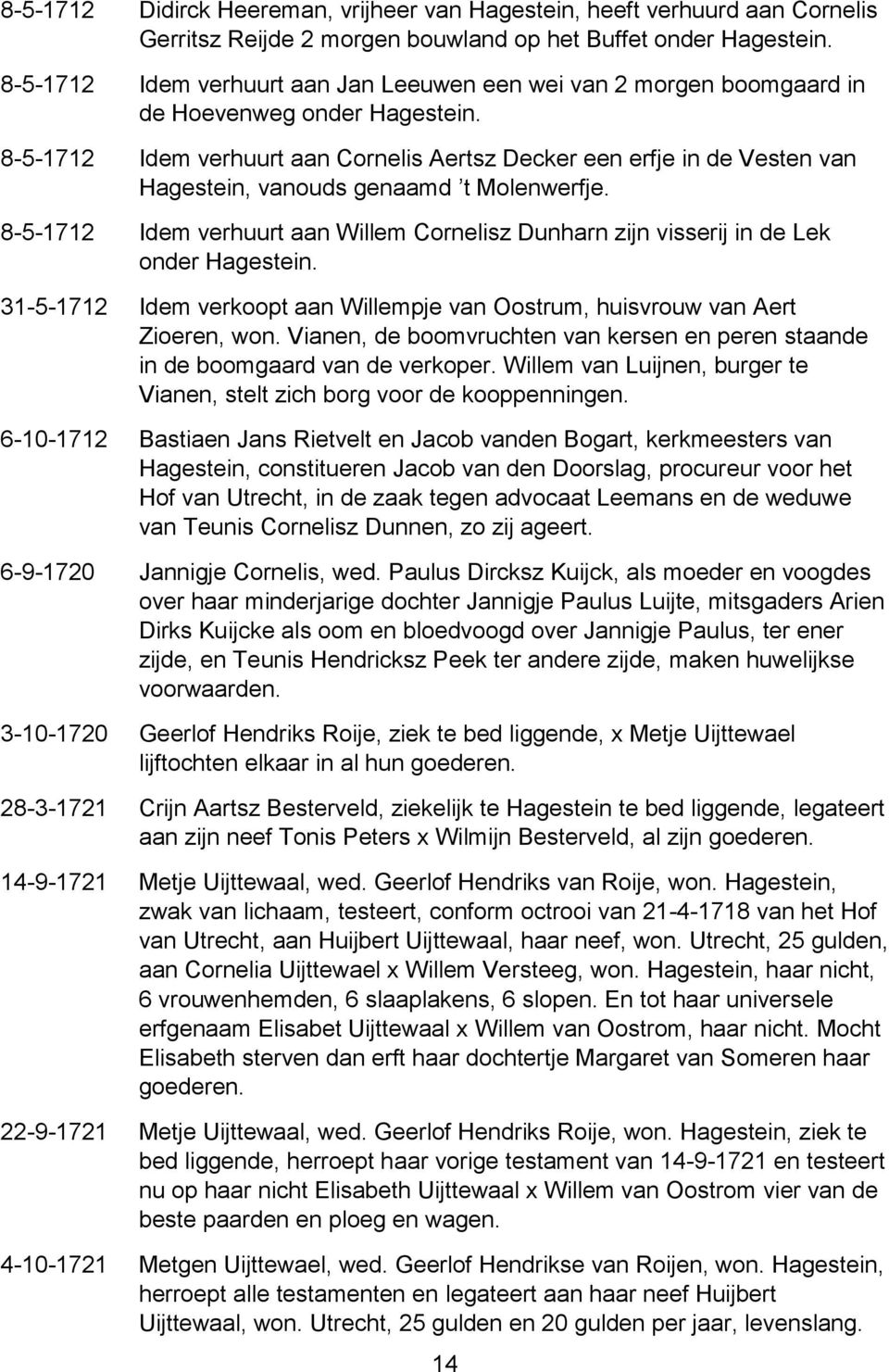 8-5-1712 Idem verhuurt aan Cornelis Aertsz Decker een erfje in de Vesten van Hagestein, vanouds genaamd t Molenwerfje.