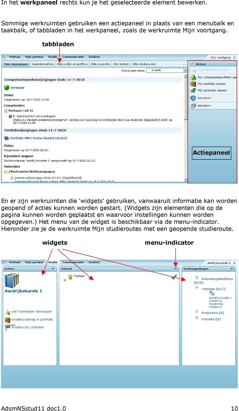 tabbladen Actiepaneel En er zijn werkruimten die widgets gebruiken, vanwaaruit informatie kan worden geopend of acties kunnen worden gestart.