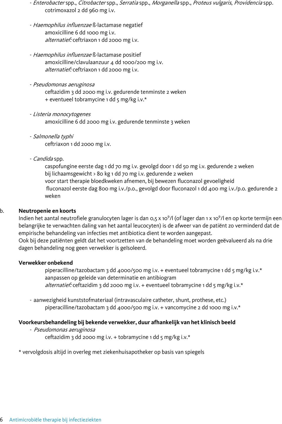 v. gedurende tenminste 2 weken + eventueel tobramycine 1 dd 5 mg/kg i.v.* - Listeria monocytogenes amoxicilline 6 dd 2000 mg i.v. gedurende tenminste 3 weken - Salmonella typhi ceftriaxon 1 dd 2000 mg i.