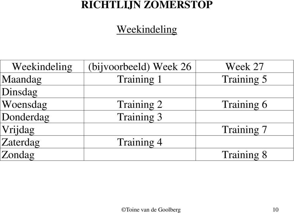 Training 5 Dinsdag Woensdag Training 2 Training 6