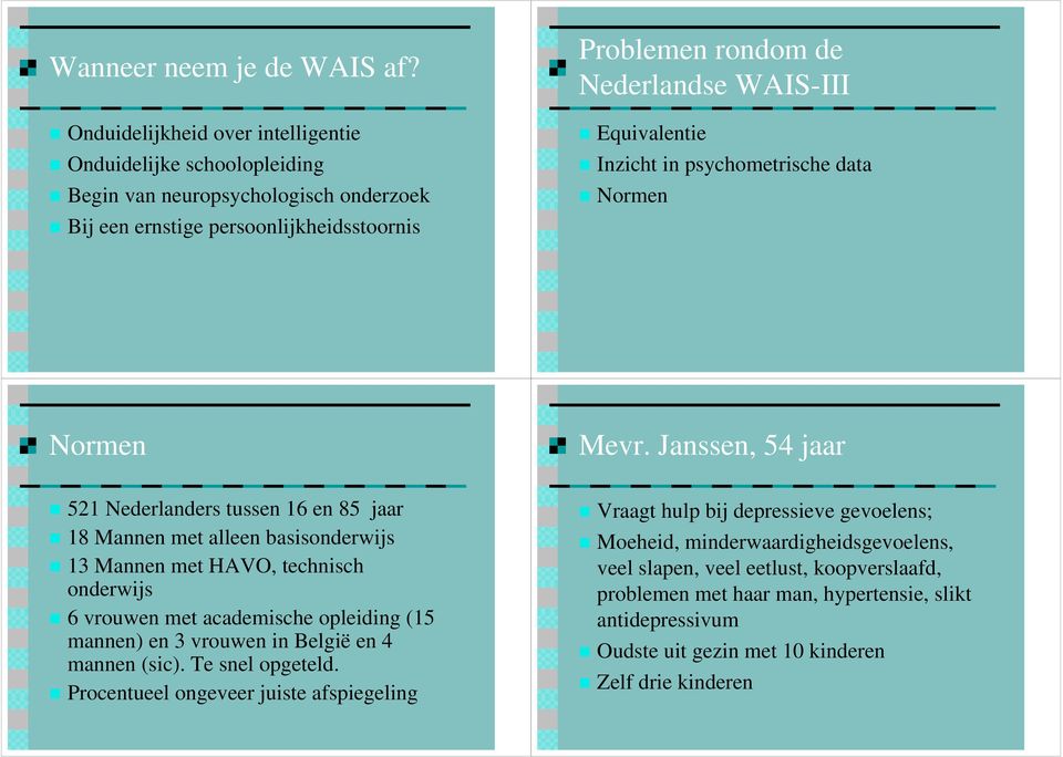 Equivalentie Inzicht in psychometrische data Normen Normen Mevr.