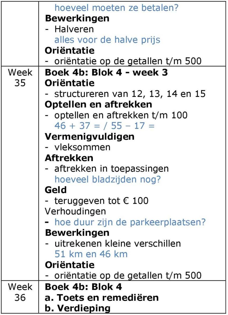 structureren van 12, 13, 14 en 15 - optellen en aftrekken t/m 100 46 + 37 = / 55 17 = - vleksommen - aftrekken in