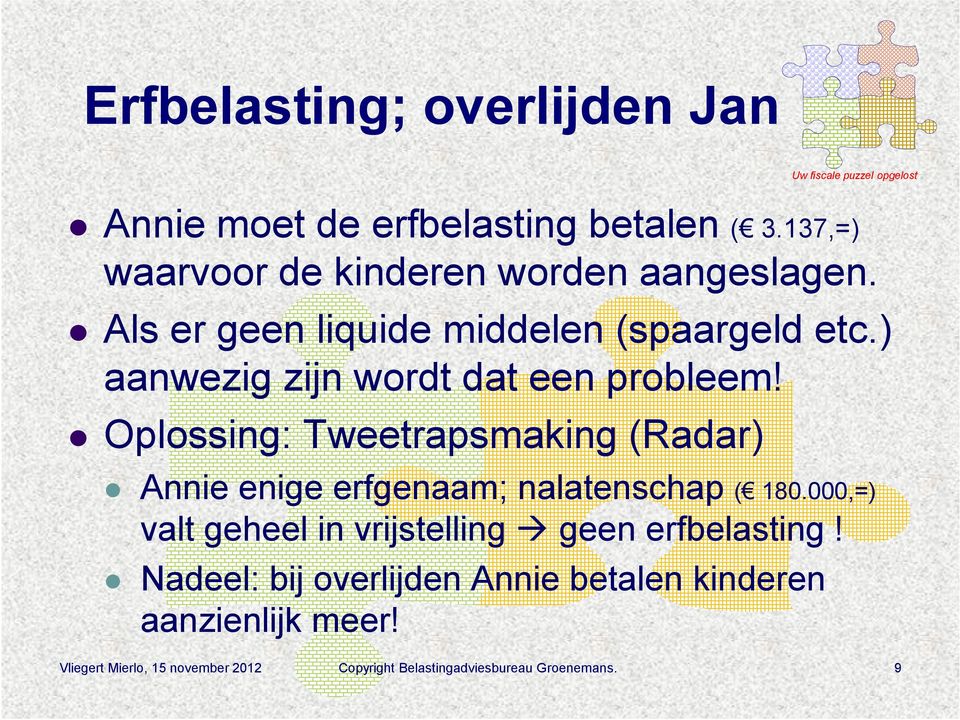 Oplossing: Tweetrapsmaking (Radar) Annie enige erfgenaam; nalatenschap ( 180.