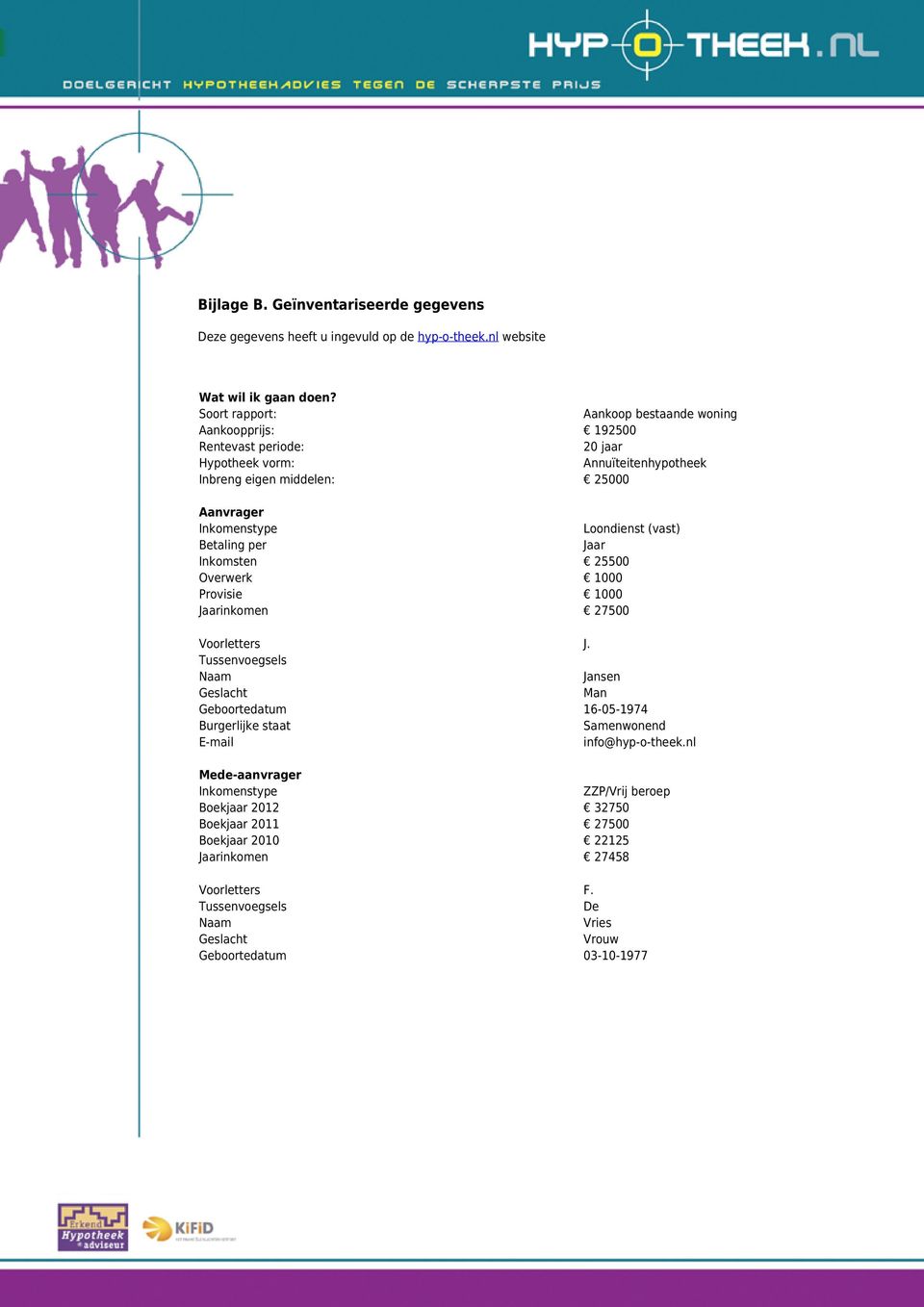 Loondienst (vast) Betaling per Jaar Inkomsten 25500 Overwerk 1000 Provisie 1000 Jaarinkomen 27500 Voorletters J.