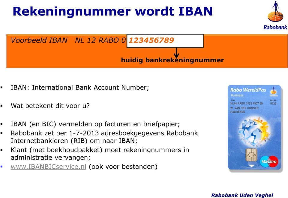 IBAN (en BIC) vermelden op facturen en briefpapier; Rabobank zet per 1-7-2013 adresboekgegevens Rabobank