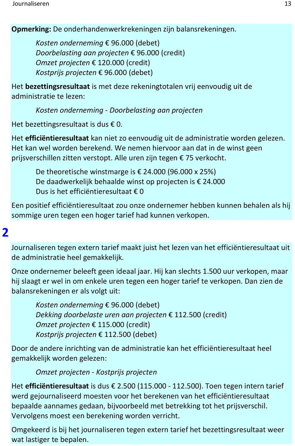 000 (debet) Het bezettingsresultaat is met deze rekeningtotalen vrij eenvoudig uit de administratie te lezen: Kosten onderneming - Doorbelasting aan projecten Het bezettingsresultaat is dus 0.