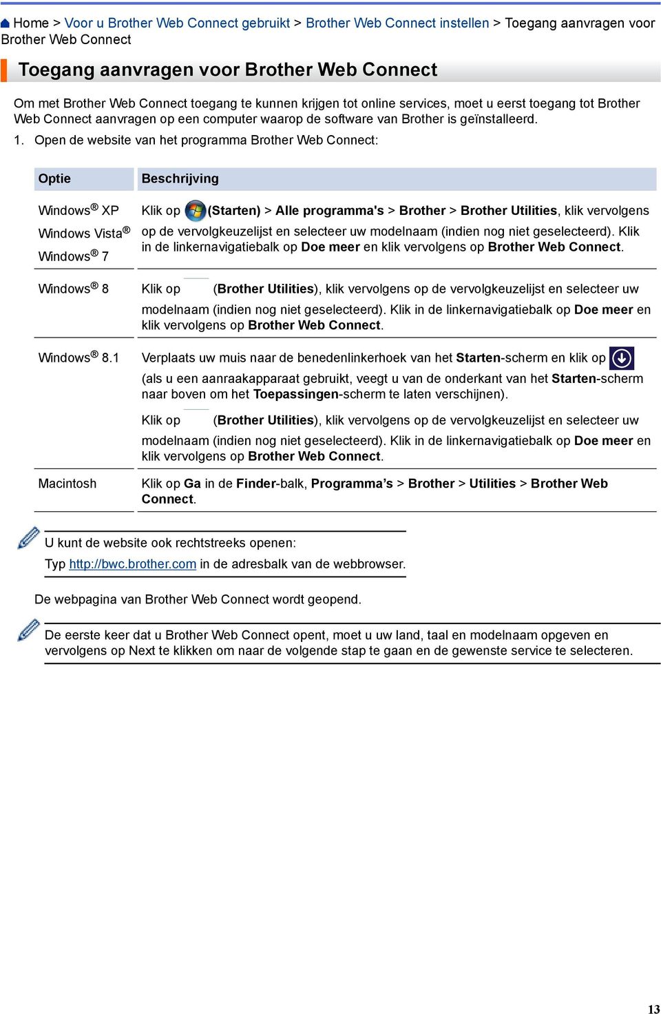 Open de website van het programma Brother Web Connect: Optie Windows XP Windows Vista Windows 7 Beschrijving Klik op (Starten) > Alle programma's > Brother > Brother Utilities, klik vervolgens op de