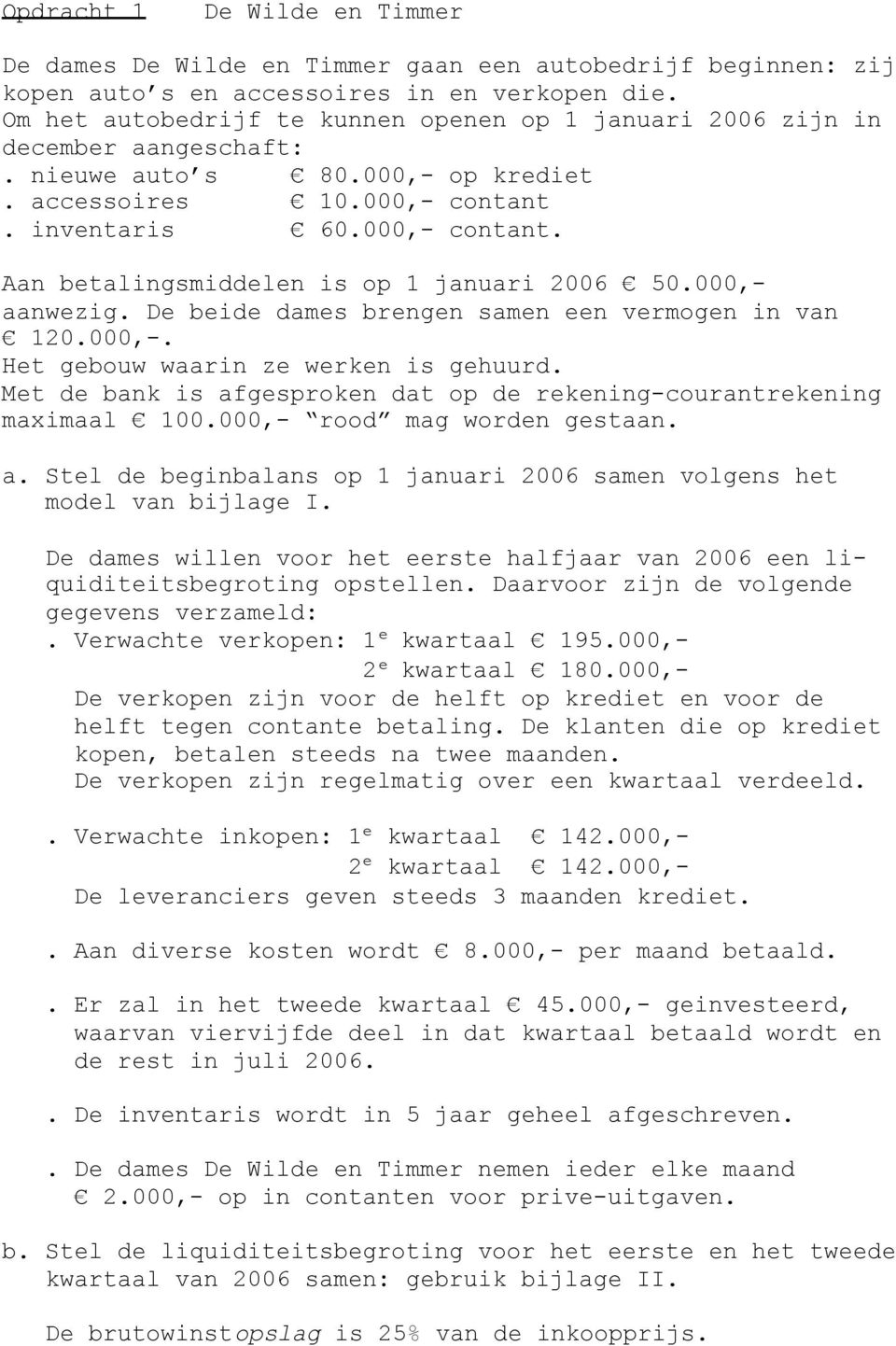 000, aanwezig. De beide dames brengen samen een vermogen in van 120.000,. Het gebouw waarin ze werken is gehuurd. Met de bank is afgesproken dat op de rekening courantrekening maximaal 100.