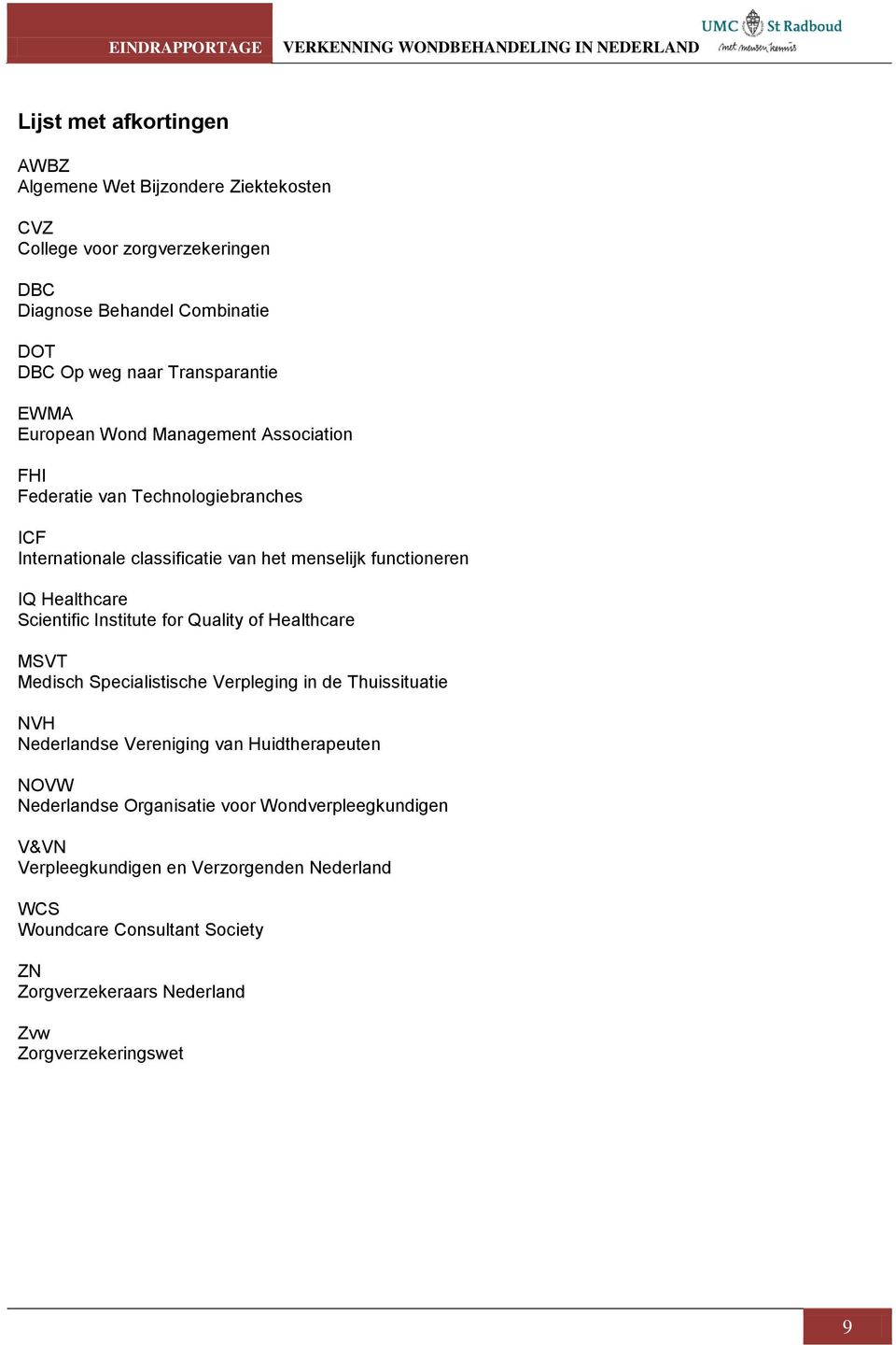 Scientific Institute for Quality of Healthcare MSVT Medisch Specialistische Verpleging in de Thuissituatie NVH Nederlandse Vereniging van Huidtherapeuten NOVW