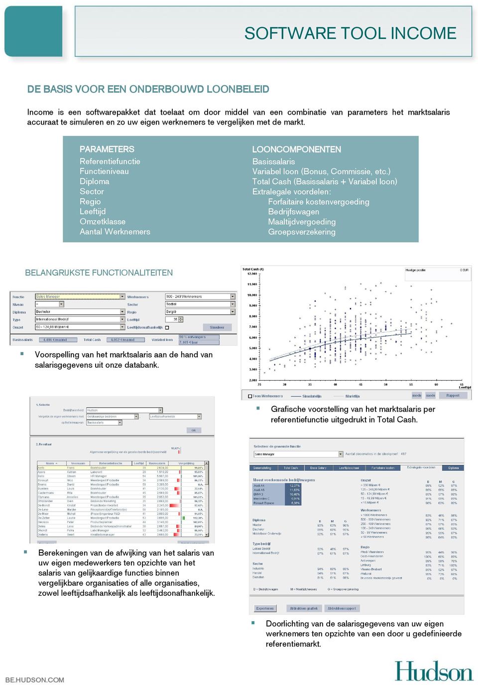 PARAMETERS Referentiefunctie Functieniveau Diploma Sector Regio Leeftijd Omzetklasse Aantal Werknemers LOONCOMPONENTEN Basissalaris Variabel loon (Bonus, Commissie, etc.