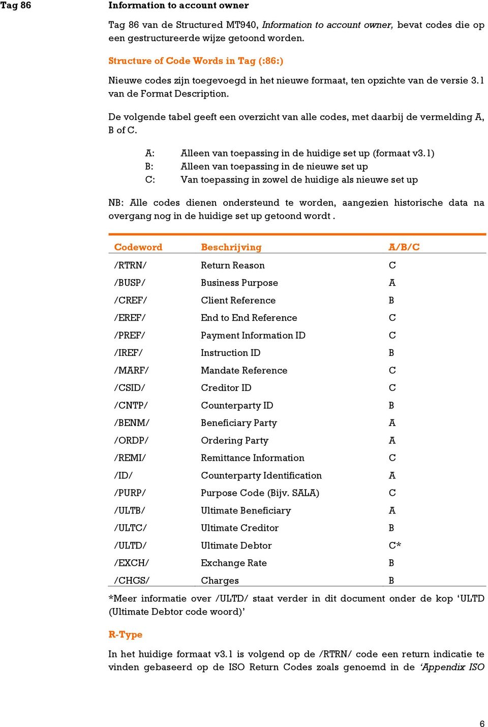 De volgende tabel geeft een overzicht van alle codes, met daarbij de vermelding A, B of C. A: Alleen van toepassing in de huidige set up (formaat v3.