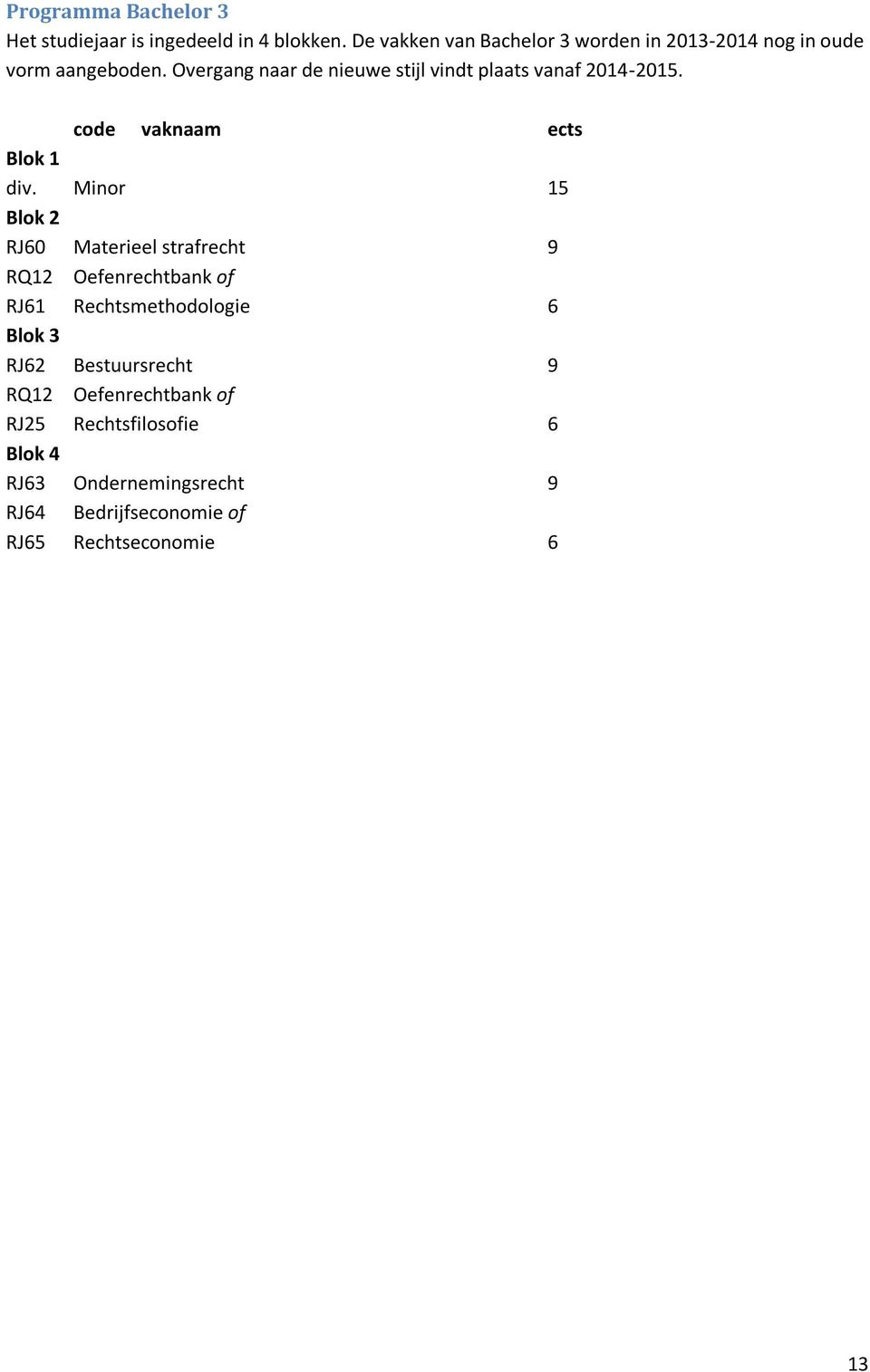 Overgang naar de nieuwe stijl vindt plaats vanaf 2014-2015. code vaknaam ects Blok 1 div.