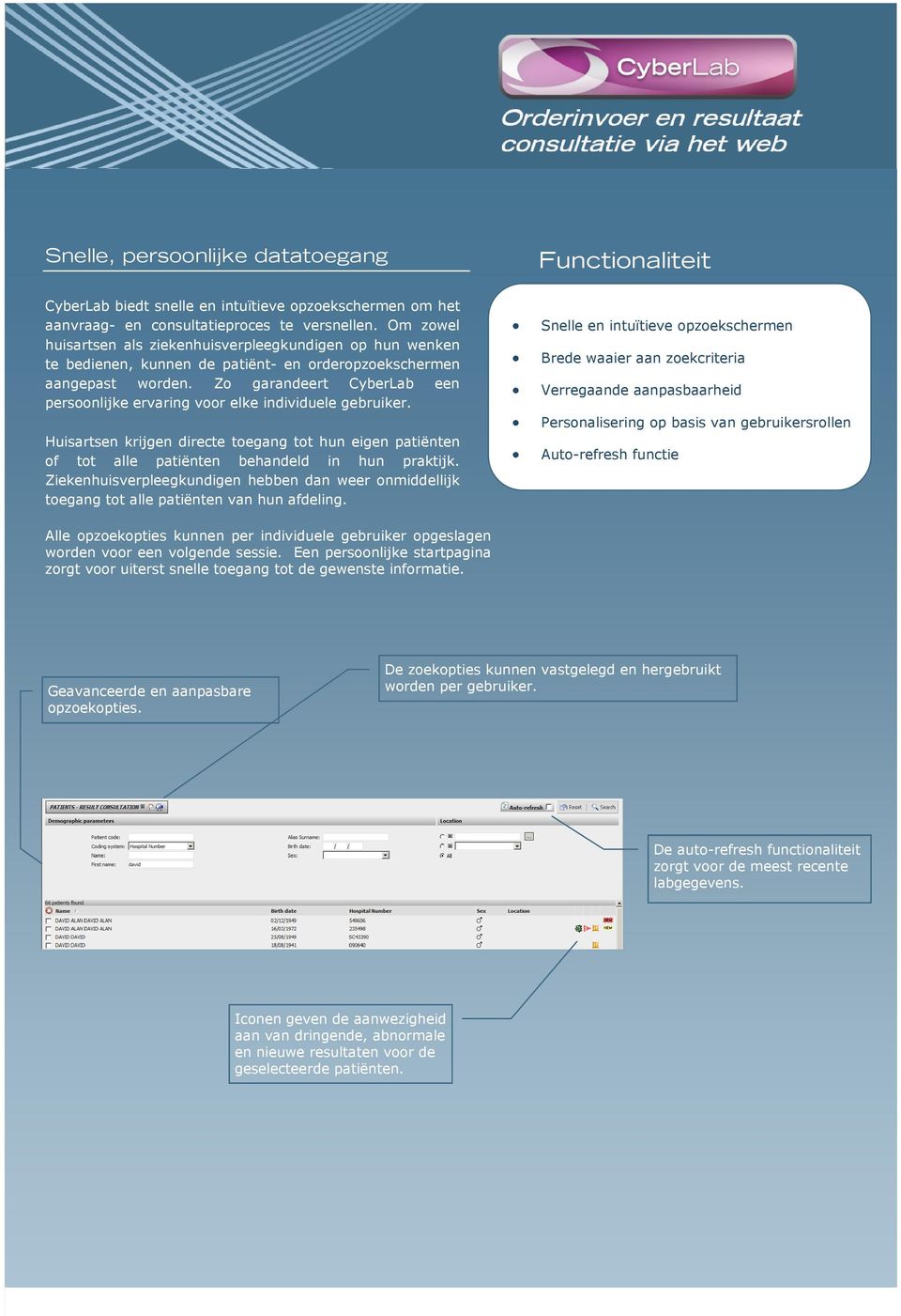 Zo garandeert CyberLab een persoonlijke ervaring voor elke individuele gebruiker. Huisartsen krijgen directe toegang tot hun eigen patiënten of tot alle patiënten behandeld in hun praktijk.