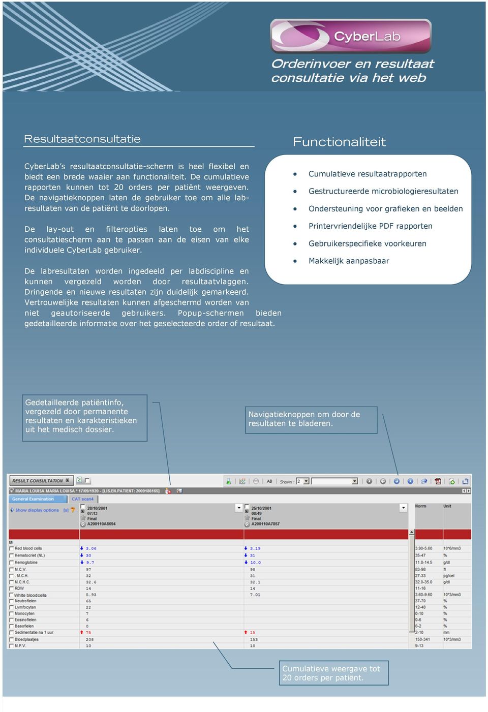 De lay-out en filteropties laten toe om het consultatiescherm aan te passen aan de eisen van elke individuele CyberLab gebruiker.