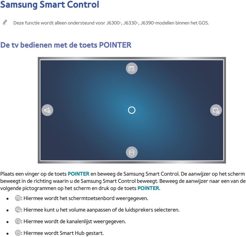 De aanwijzer op het scherm beweegt in de richting waarin u de Samsung Smart Control beweegt.