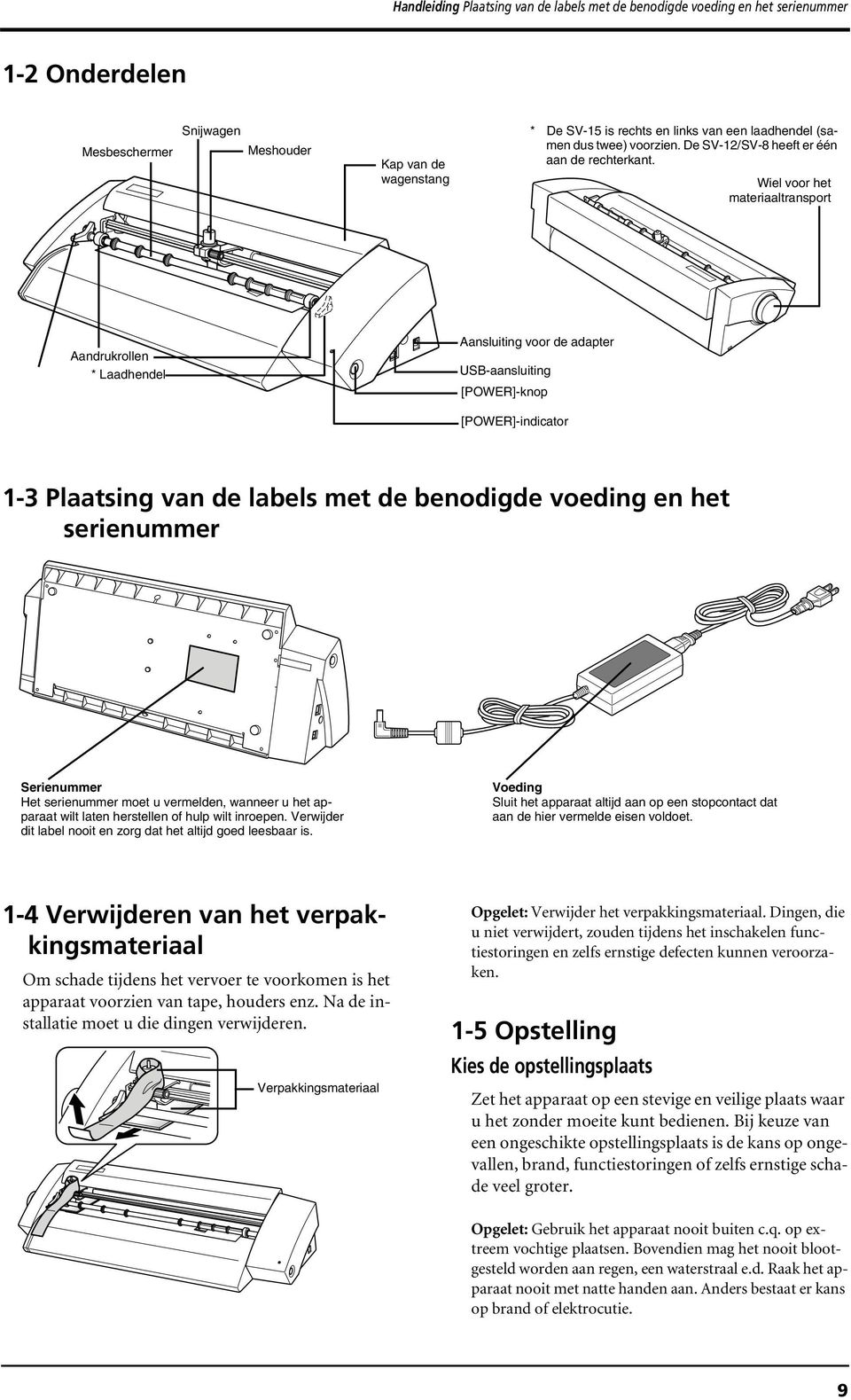 Wiel voor het materiaaltransport Aandrukrollen * Laadhendel Aansluiting voor de adapter USB-aansluiting [POWER]-knop [POWER]-indicator 1-3 Plaatsing van de labels met de benodigde voeding en het