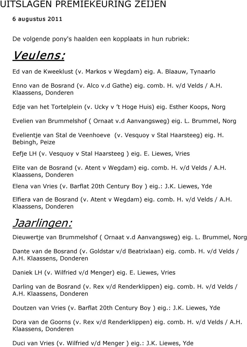 Brummel, Norg Evelientje van Stal de Veenhoeve (v. Vesquoy v Stal Haarsteeg) eig. H. Bebingh, Peize Eefje LH (v. Vesquoy v Stal Haarsteeg ) eig. E. Liewes, Vries Elite van de Bosrand (v.