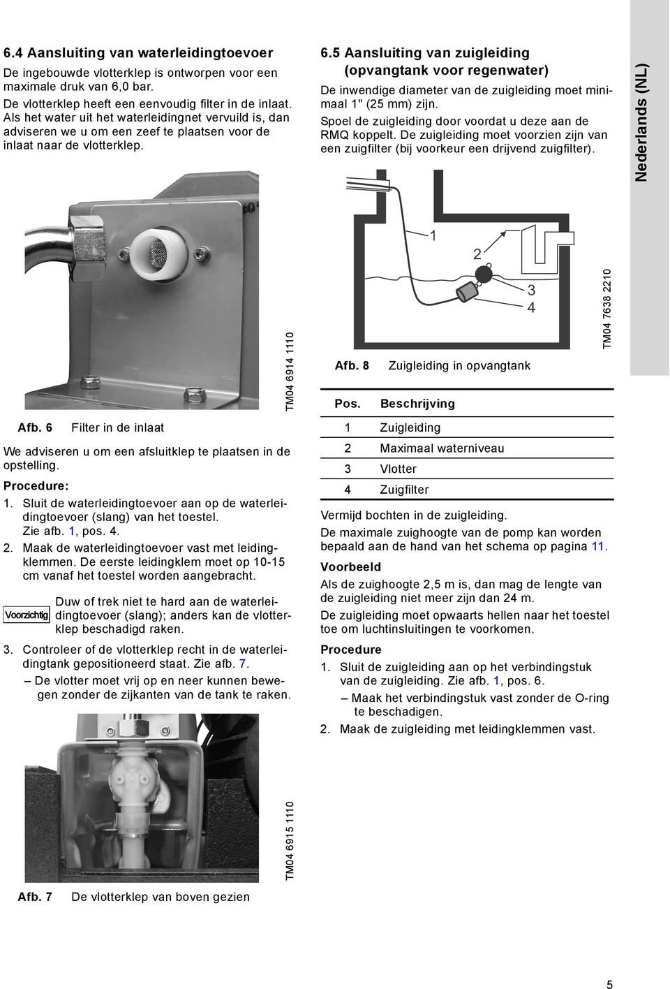 5 Aansluiting van zuigleiding (opvangtank voor regenwater) De inwendige diameter van de zuigleiding moet minimaal 1" (25 mm) zijn. Spoel de zuigleiding door voordat u deze aan de RMQ koppelt.