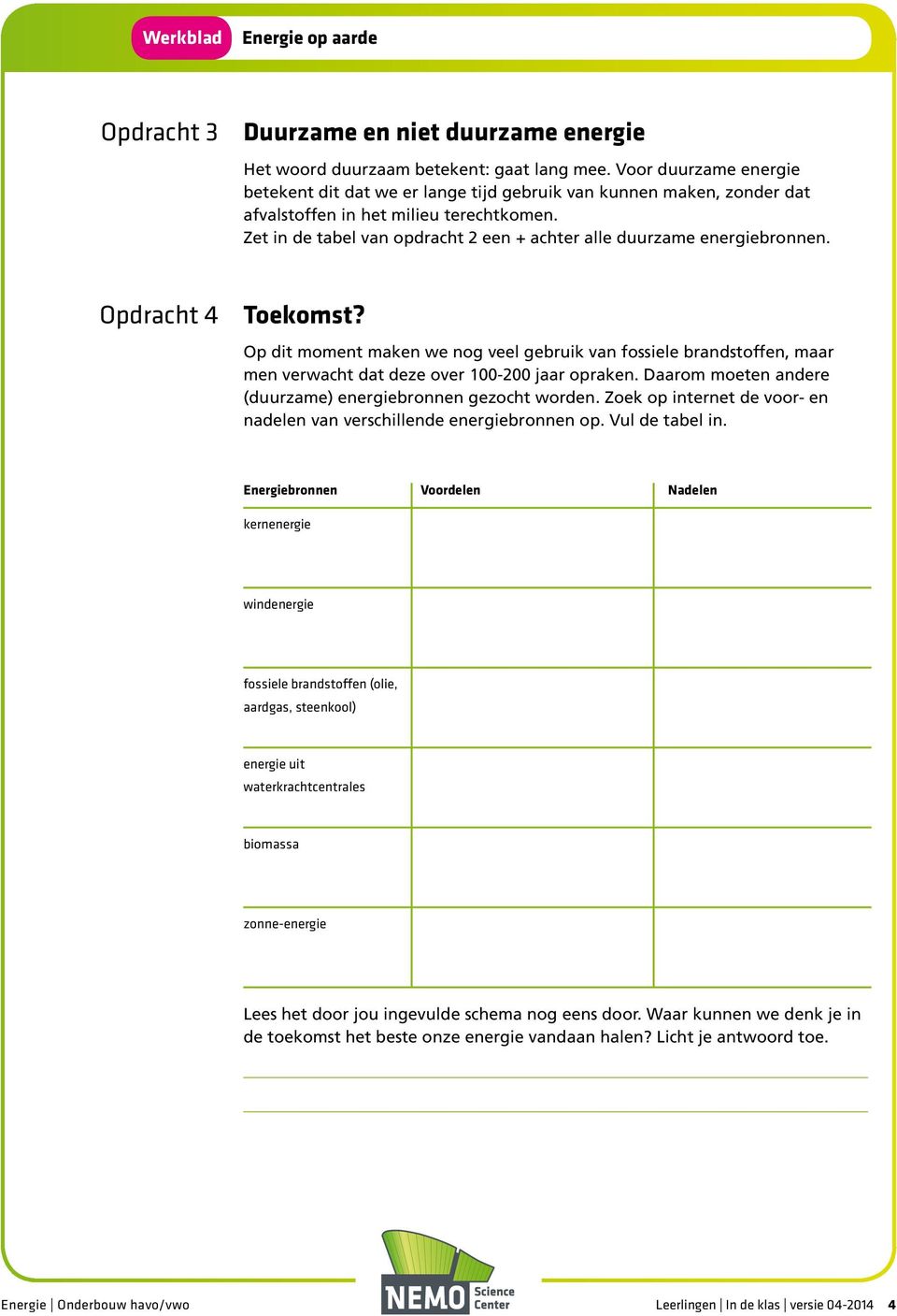 Zet in de tabel van opdracht 2 een + achter alle duurzame energiebronnen. Opdracht 4 Toekomst?