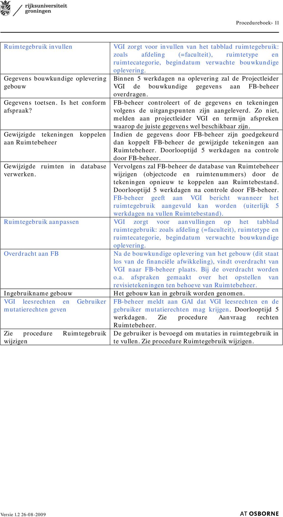 VGI zorgt voor invullen van het tabblad ruimtegebruik: zoals afdeling (=faculteit), ruimtetype en ruimtecategorie, begindatum verwachte bouwkundige oplevering.