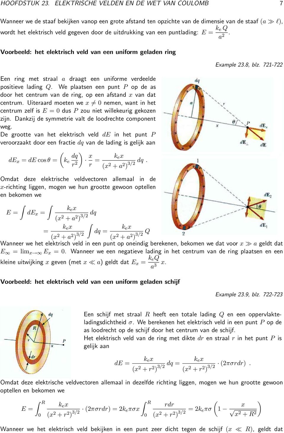 van een puntlading: E = k e Q a 2. Voorbeeld: het elektrisch veld van een uniform geladen ring Een ring met straal a draagt een uniforme verdeelde positieve lading Q.