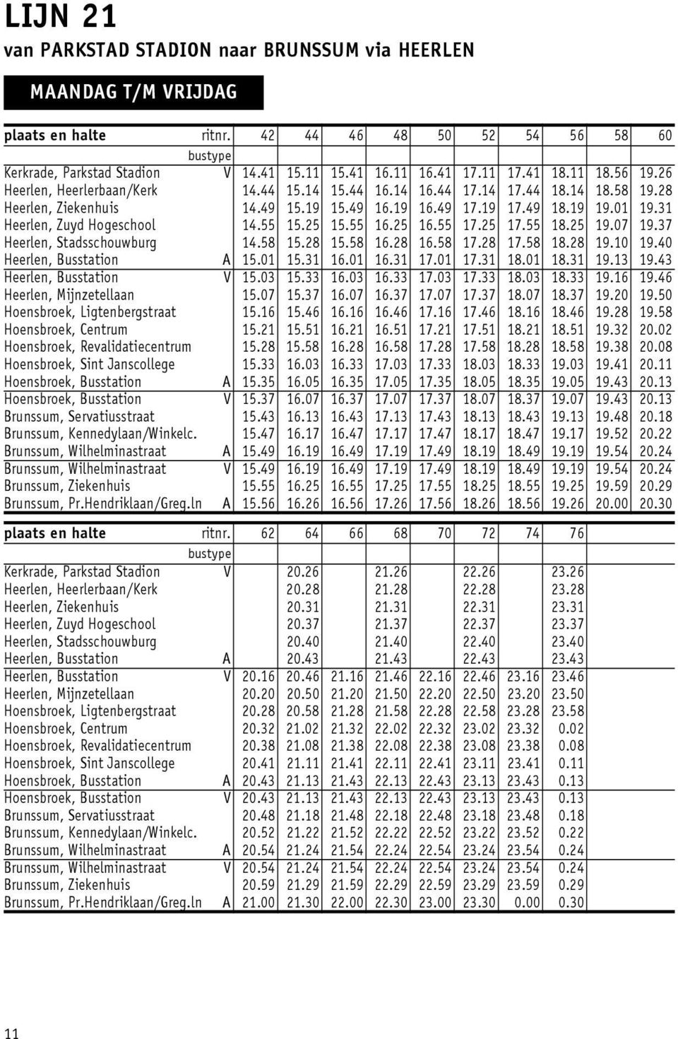 37 Heerlen, Stadsschouwburg 4.58 5.8 5.58 6.8 6.58 7.8 7.58 8.8 9.0 9.40 Heerlen, Busstation A 5.0 5.3 6.0 6.3 7.0 7.3 8.0 8.3 9.3 9.43 Heerlen, Busstation V 5.03 5.33 6.03 6.33 7.03 7.33 8.03 8.33 9.