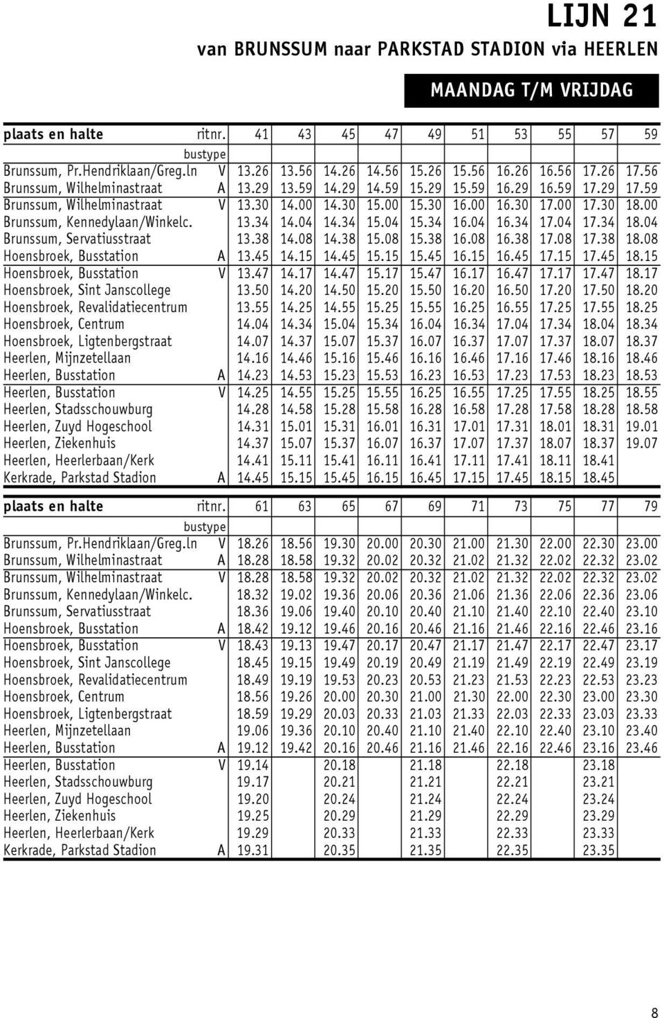 04 4.34 5.04 5.34 6.04 6.34 7.04 7.34 8.04 Brunssum, Servatiusstraat 3.38 4.08 4.38 5.08 5.38 6.08 6.38 7.08 7.38 8.08 Hoensbroek, Busstation A 3.45 4.5 4.45 5.5 5.45 6.5 6.45 7.5 7.45 8.