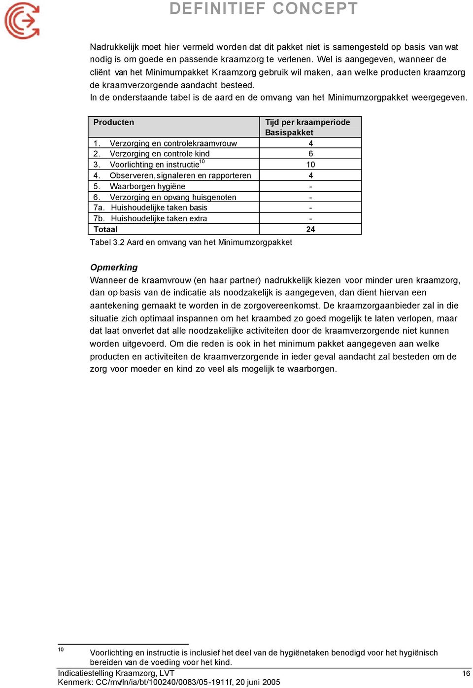 In de onderstaande tabel is de aard en de omvang van het Minimumzorgpakket weergegeven. Producten Tijd per kraamperiode Basispakket 1. Verzorging en controlekraamvrouw 4 2.