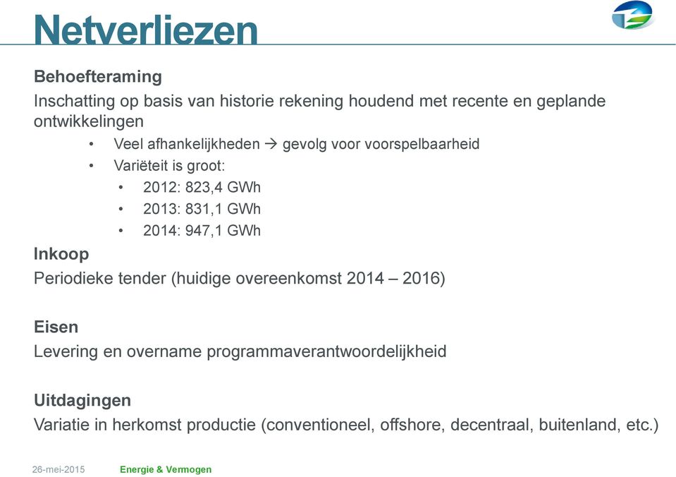 2013: 831,1 GWh 2014: 947,1 GWh Periodieke tender (huidige overeenkomst 2014 2016) Eisen Levering en overname
