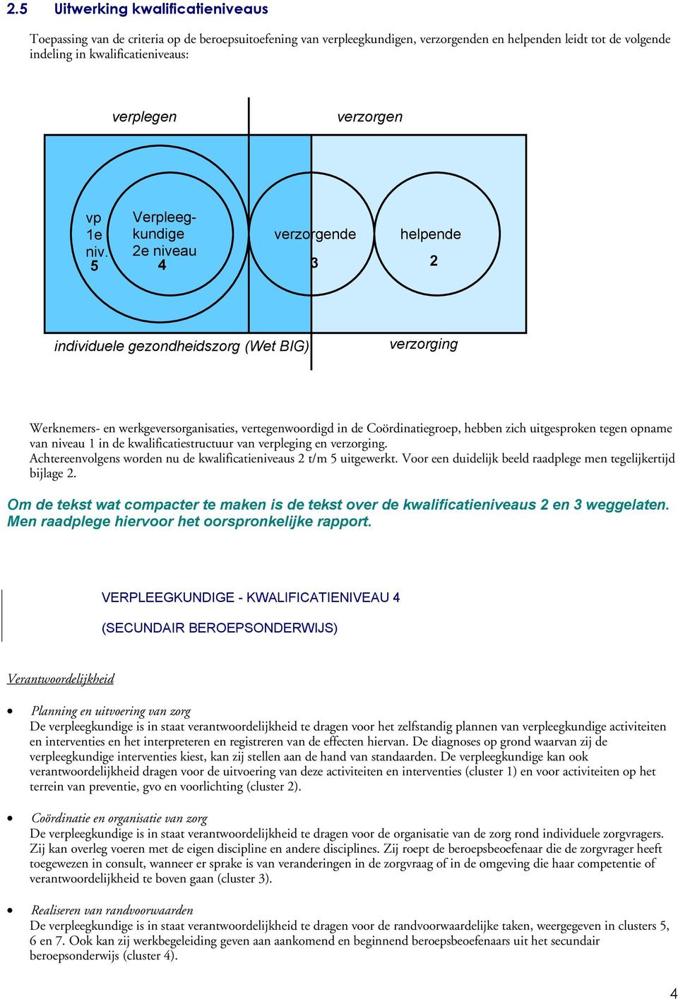 Verpleegkundige 2e niveau verzorgende helpende 5 4 3 2 individuele gezondheidszorg (Wet BIG) verzorging Werknemers- en werkgeversorganisaties, vertegenwoordigd in de Coördinatiegroep, hebben zich