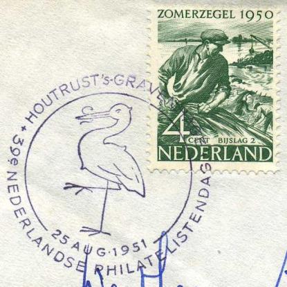 TBBS 0513 VDW 395 Stempel nationale Postzegeltentoonstelling; afdruk in blauwzwart Naast de afdruk van het stempel werd een afdruk van het dagtekeningstempel s-gravenhage 32 aangebracht.