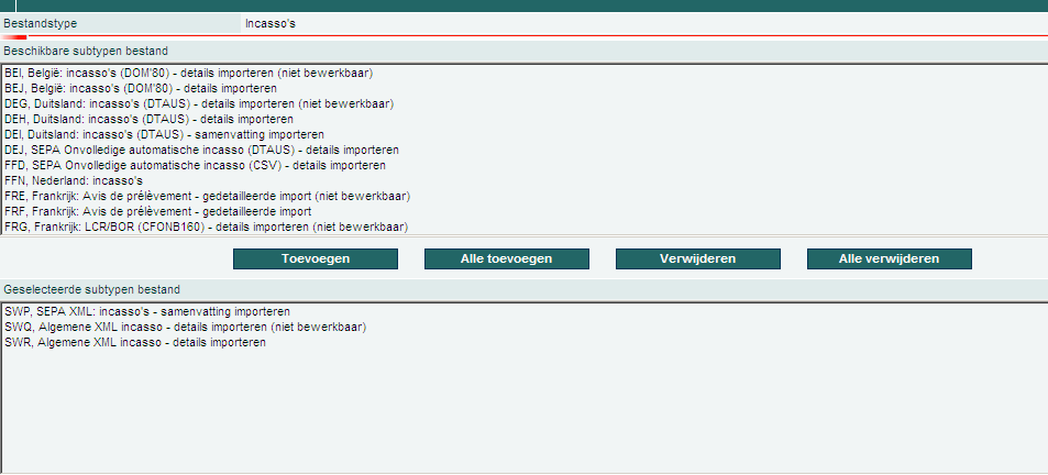 Hetzelfde kan gedaan worden voor incasso: Selecteer in onderstaand scherm bij beschikbare subtypen bestand: SWP, Algemene XML SEPA incasso s samenvatting importeren SWQ, Algemene XML incasso