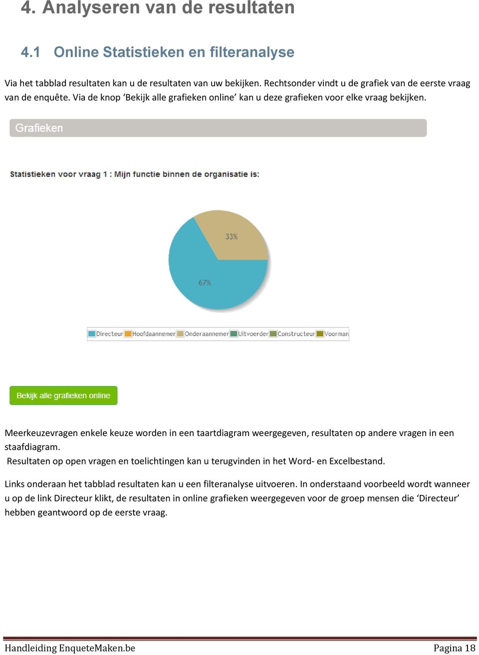 Meerkeuzevragen enkele keuze worden in een taartdiagram weergegeven, resultaten op andere vragen in een staafdiagram.