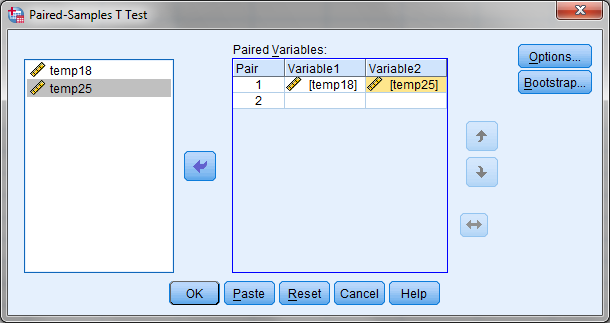 Het resultaat van de toets: Paired Samples Statistics Mean N Std. Deviation Std. Error Mean temp18 106,40 15 7,716 1,992 temp25 97,13 15 6,968 1,799 Paired Samples Test Paired Differences t df Sig.