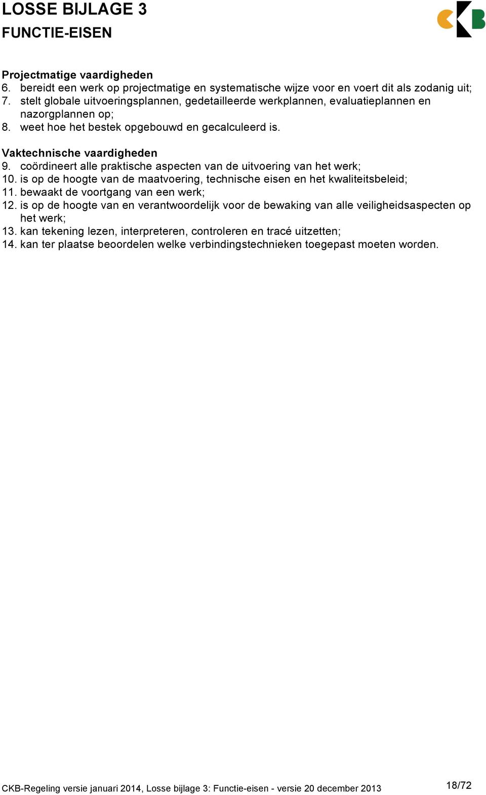 coördineert alle praktische aspecten van de uitvoering van het werk; 10. is op de hoogte van de maatvoering, technische eisen en het kwaliteitsbeleid; 11. bewaakt de voortgang van een werk; 12.