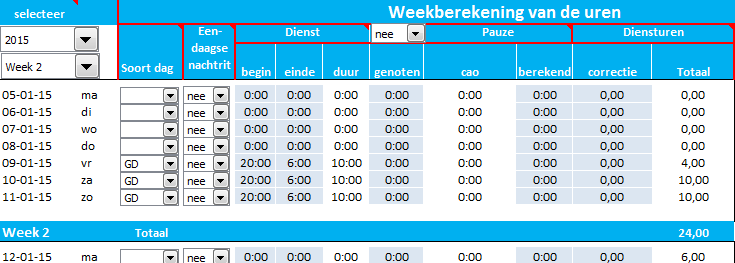 Deze mogelijkheid hebben we met name ingebouwd voor het kunnen invoeren van losse verlofuren: het programma rekent bij een fulltimer automatisch 8 diensturen voor een doorbetaalde verlofdag (zie het